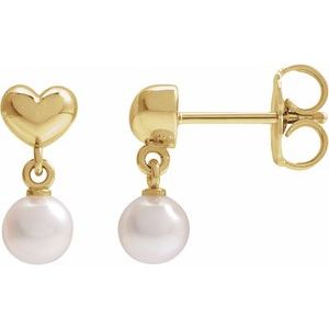 14K Yellow Cultured White Freshwater Pearl & Heart Dangle Earrings