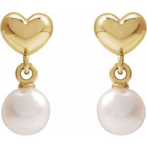 14K Yellow Cultured White Freshwater Pearl & Heart Dangle Earrings