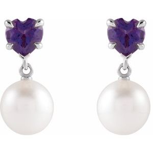 14K White Cultured White Akoya Pearl & Natural Amethyst Earrings