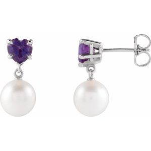 14K White Cultured White Akoya Pearl & Natural Amethyst Earrings