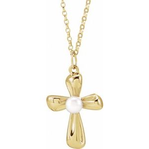 14K Yellow Cultured White Freshwater Pearl Cross 16-18" Necklace